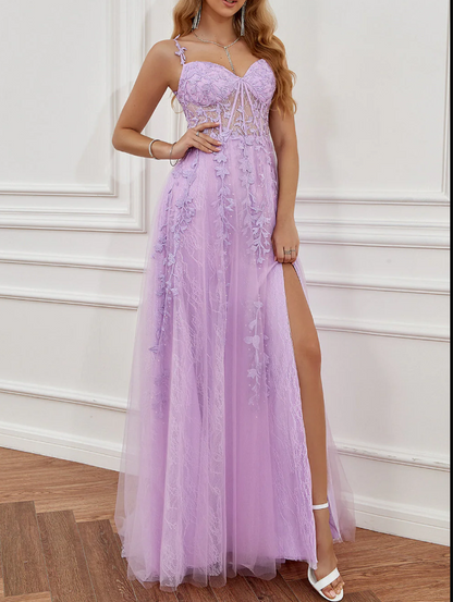 A-Line Elegant Sweetheart Neck Tulle Lace Dark Blue Long Prom Dress, Dark Blue Long Evening Dress   ED080