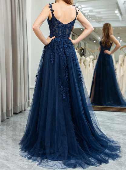 A-Line Elegant Sweetheart Neck Tulle Lace Dark Blue Long Prom Dress, Dark Blue Long Evening Dress   ED080