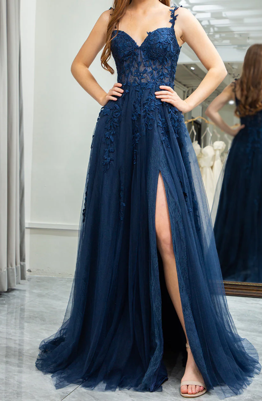 A-Line Elegant Sweetheart Neck Tulle Lace Dark Blue Long Prom Dress, Dark Blue Long Evening Dress   ED080