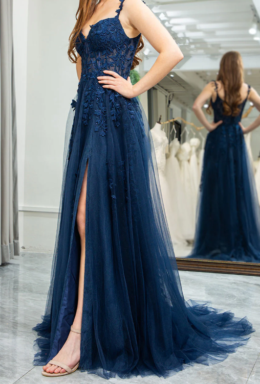 A-Line Elegant Sweetheart Neck Tulle Lace Dark Blue Long Prom Dress, Dark Blue Long Evening Dress   ED080