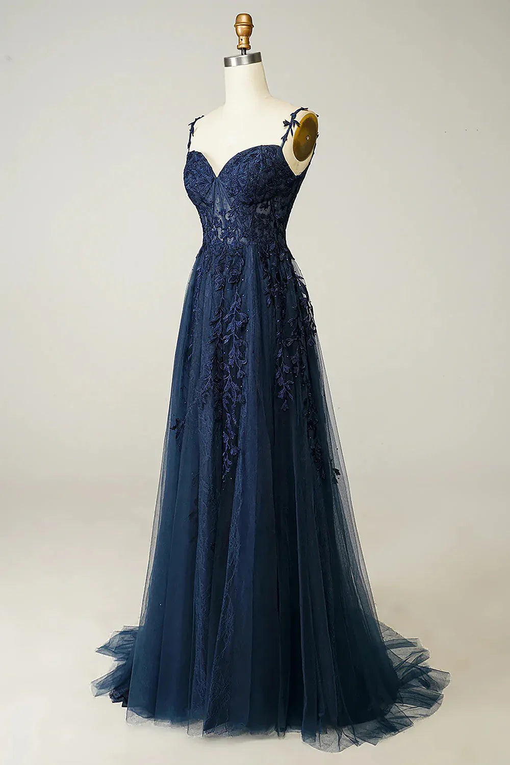 A-Line Elegant Sweetheart Neck Tulle Lace Dark Blue Long Prom Dress, Dark Blue Long Evening Dress   ED080