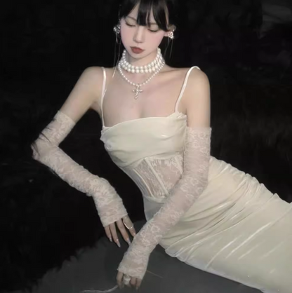 Christmas atmosphere herringbone sling lace splicing velvet long skirt ED0802