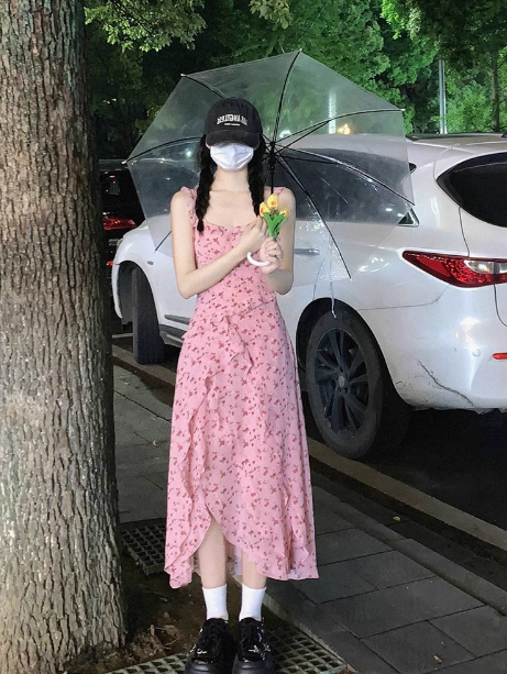 French Tea Break Floral Ruffled Sling Dress ED0803