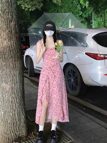 French Tea Break Floral Ruffled Sling Dress ED0803