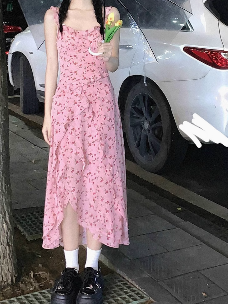 French Tea Break Floral Ruffled Sling Dress ED0803