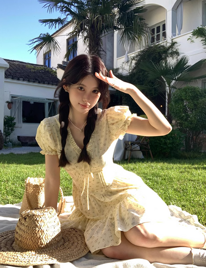 French V-neck puff sleeve floral dress ED0805