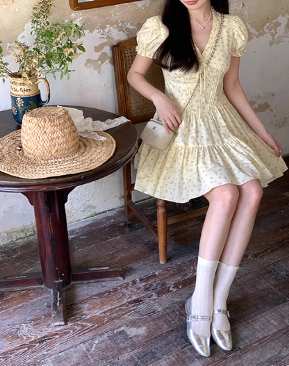 French V-neck puff sleeve floral dress ED0805