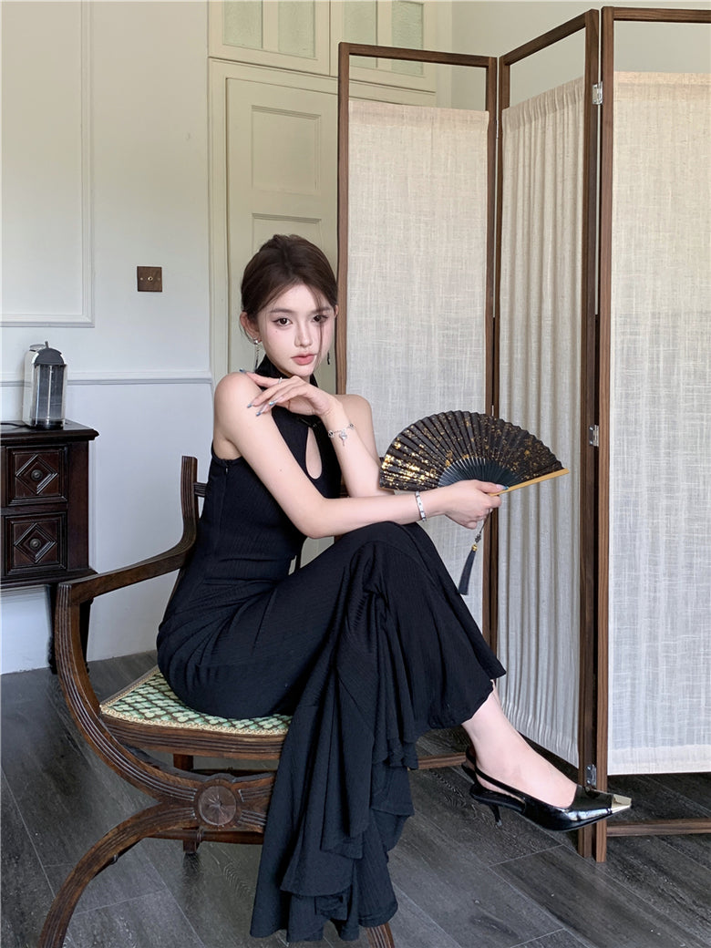 New Chinese style improved cheongsam buttoned halter neck fishtail skirt ED0806