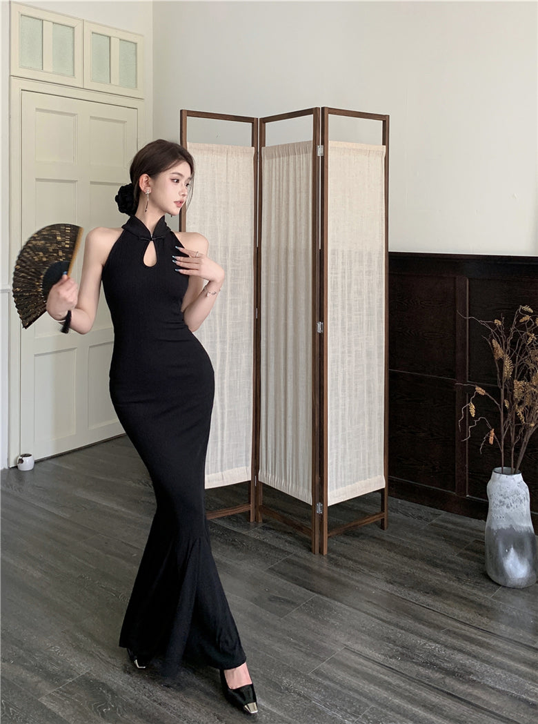 New Chinese style improved cheongsam buttoned halter neck fishtail skirt ED0806