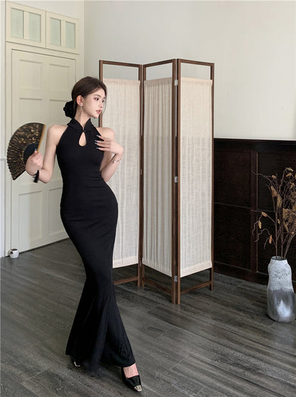 New Chinese style improved cheongsam buttoned halter neck fishtail skirt ED0806