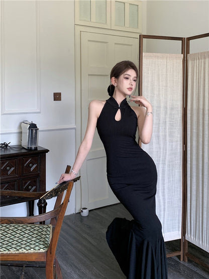 New Chinese style improved cheongsam buttoned halter neck fishtail skirt ED0806