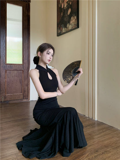 New Chinese style improved cheongsam buttoned halter neck fishtail skirt ED0806