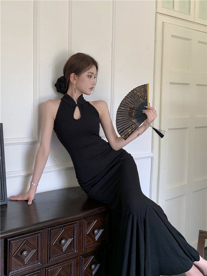 New Chinese style improved cheongsam buttoned halter neck fishtail skirt ED0806