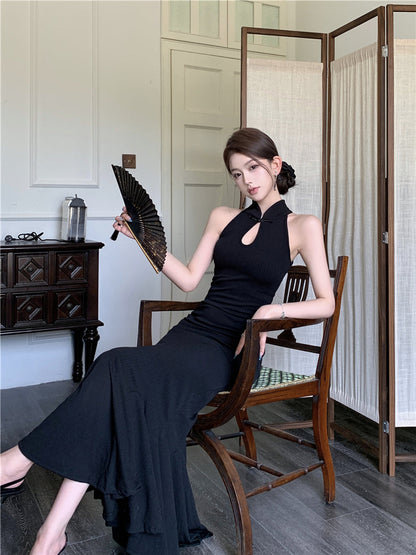 New Chinese style improved cheongsam buttoned halter neck fishtail skirt ED0806