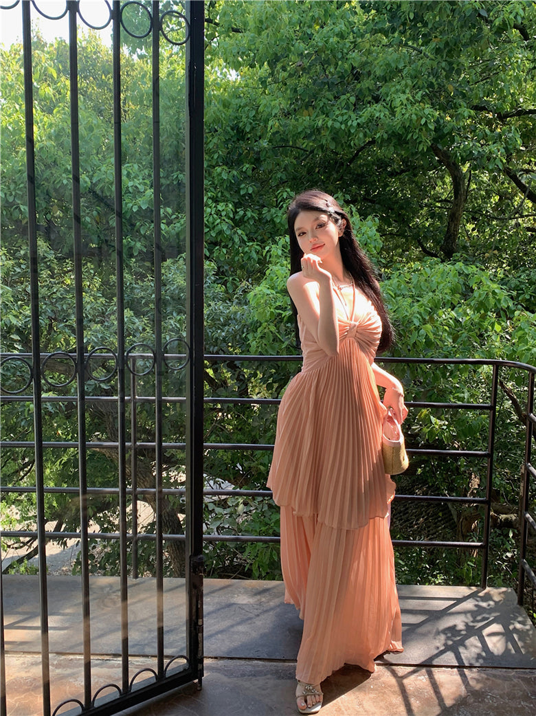 Holiday style A-line v-neck suspender long skirt ED0808