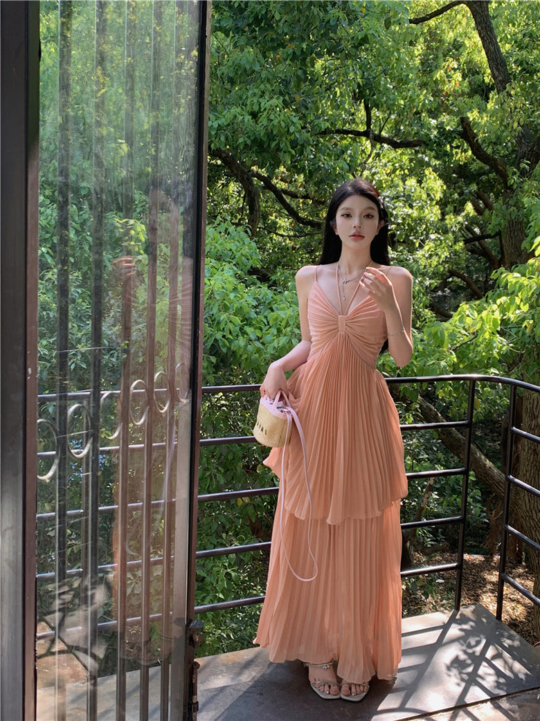 Holiday style A-line v-neck suspender long skirt ED0808