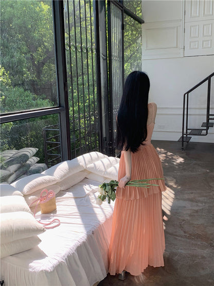 Holiday style A-line v-neck suspender long skirt ED0808