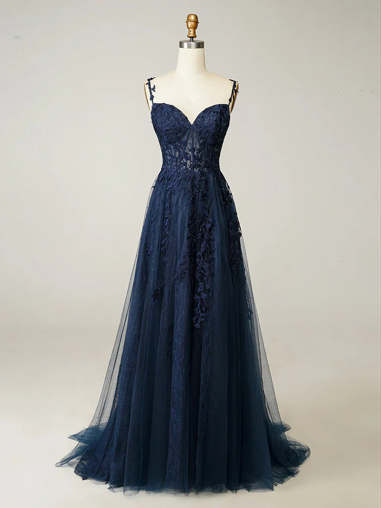A-Line Elegant Sweetheart Neck Tulle Lace Dark Blue Long Prom Dress, Dark Blue Long Evening Dress   ED080