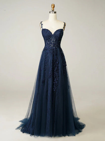 A-Line Elegant Sweetheart Neck Tulle Lace Dark Blue Long Prom Dress, Dark Blue Long Evening Dress   ED080