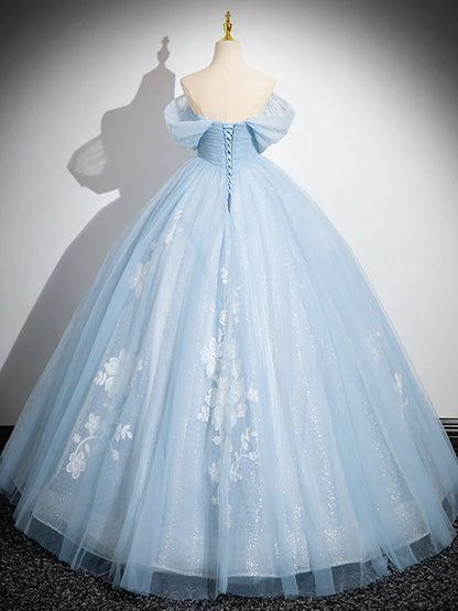 A-Line Off Shoulder Tulle Sequin Blue Long Prom Dress, Blue Sweet 16 Dress  ED081