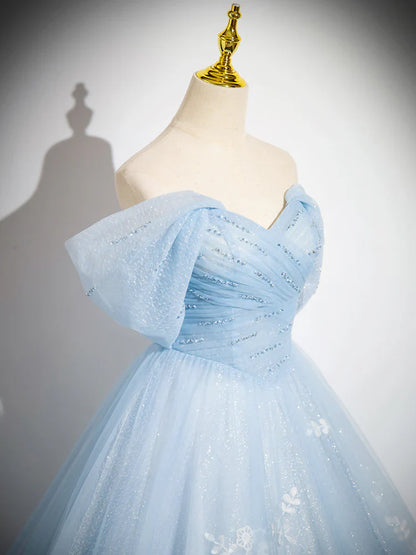 A-Line Off Shoulder Tulle Sequin Blue Long Prom Dress, Blue Sweet 16 Dress  ED081