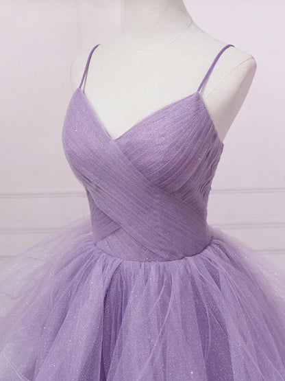 Purple v neck tulle long prom dress, purple tulle formal party dress ED0811