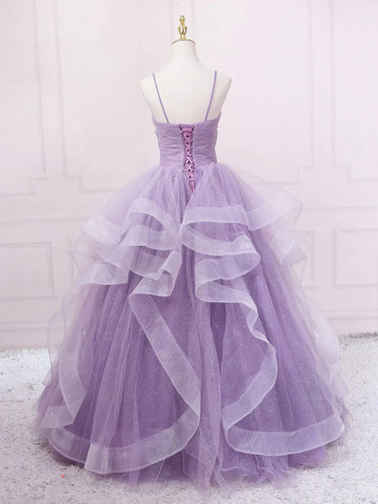 Purple v neck tulle long prom dress, purple tulle formal party dress ED0811
