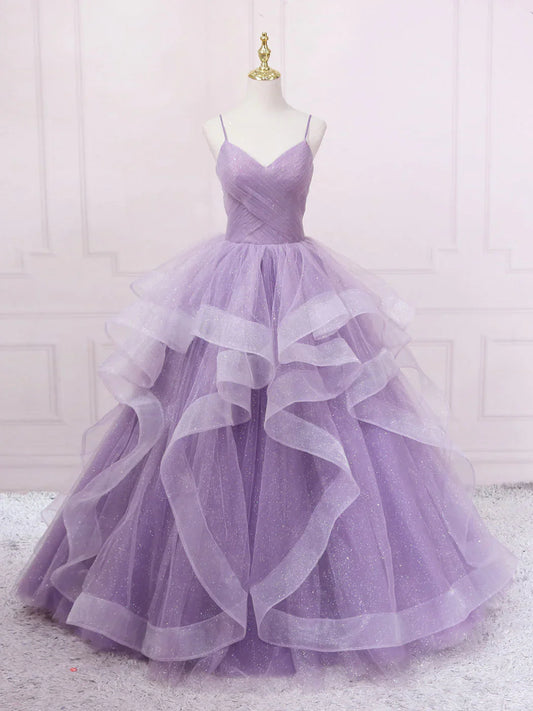 Purple v neck tulle long prom dress, purple tulle formal party dress ED0811