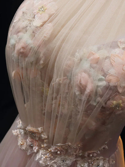 Pink A line tulle lace long prom dress pink tulle long evening dress ED0812