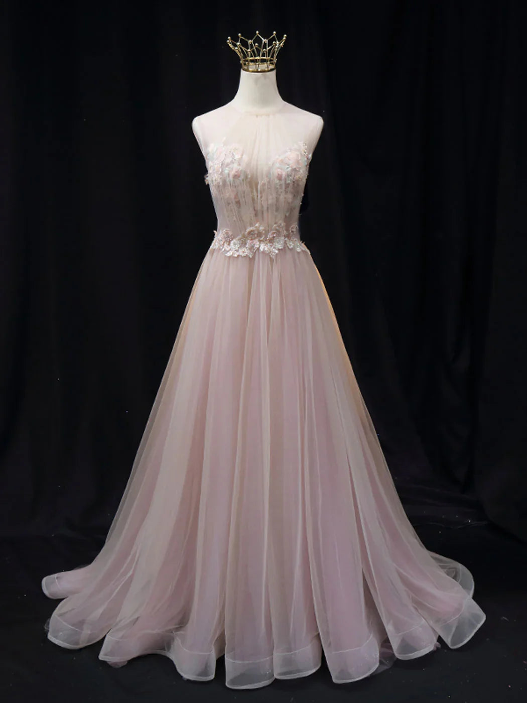 Pink A line tulle lace long prom dress pink tulle long evening dress ED0812