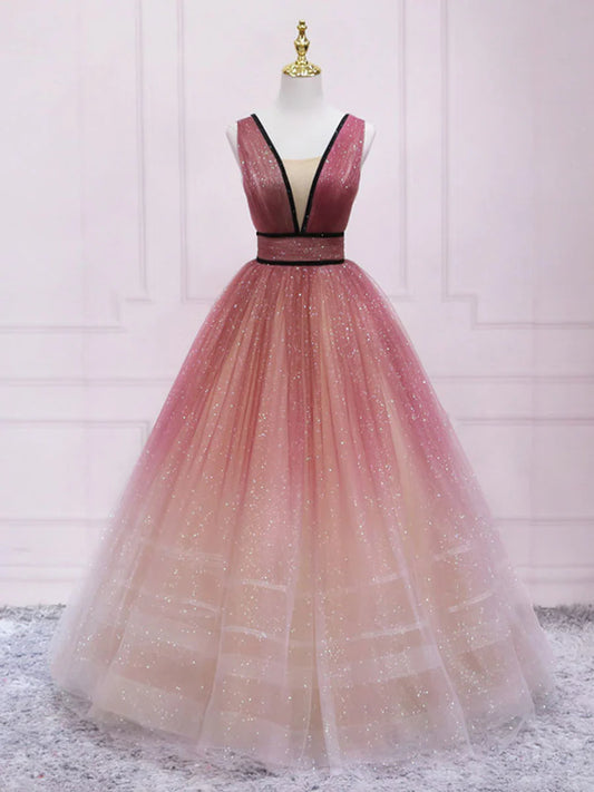 Simple v neck burgundy tulle long prom dress, tulle formal dress ED0813