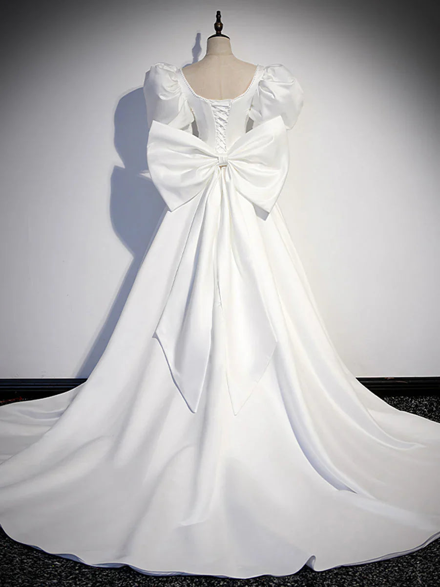 White satin long prom dress, white long evening dress ED0814