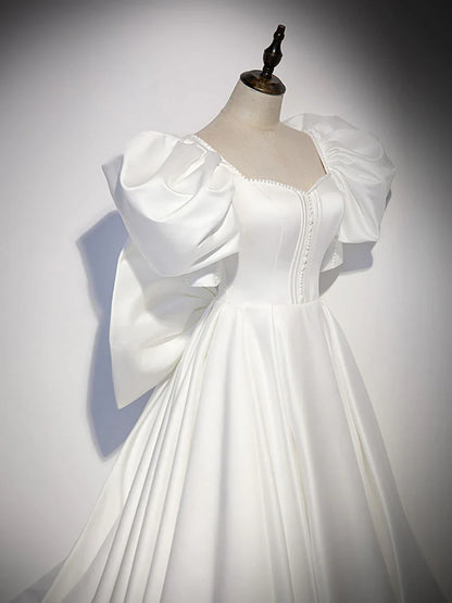 White satin long prom dress, white long evening dress ED0814