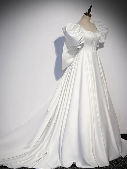 White satin long prom dress, white long evening dress ED0814
