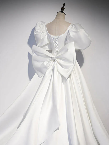 White satin long prom dress, white long evening dress ED0814