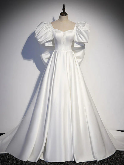 White satin long prom dress, white long evening dress ED0814