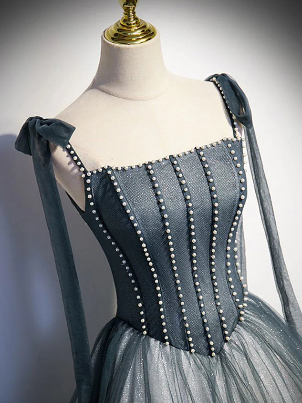 A-Line Tulle Gray Long Prom Dress, Gray Formal Graduation Dress with Beading ED0815