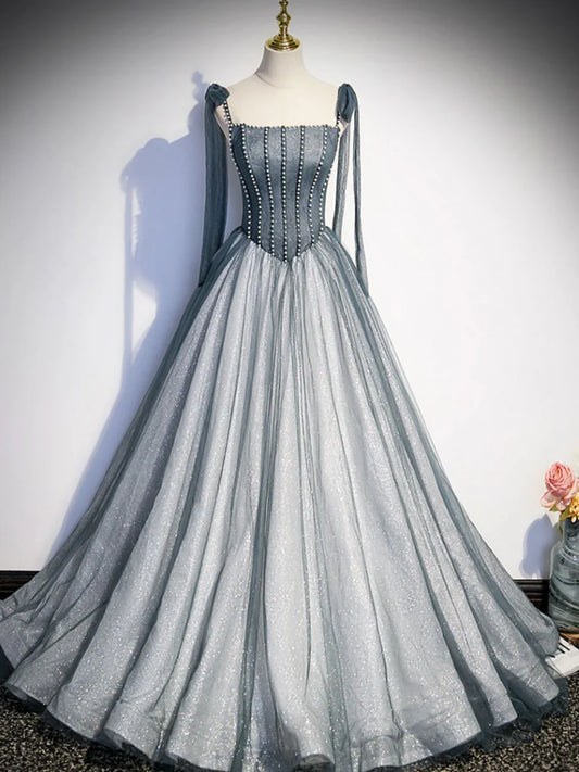A-Line Tulle Gray Long Prom Dress, Gray Formal Graduation Dress with Beading ED0815