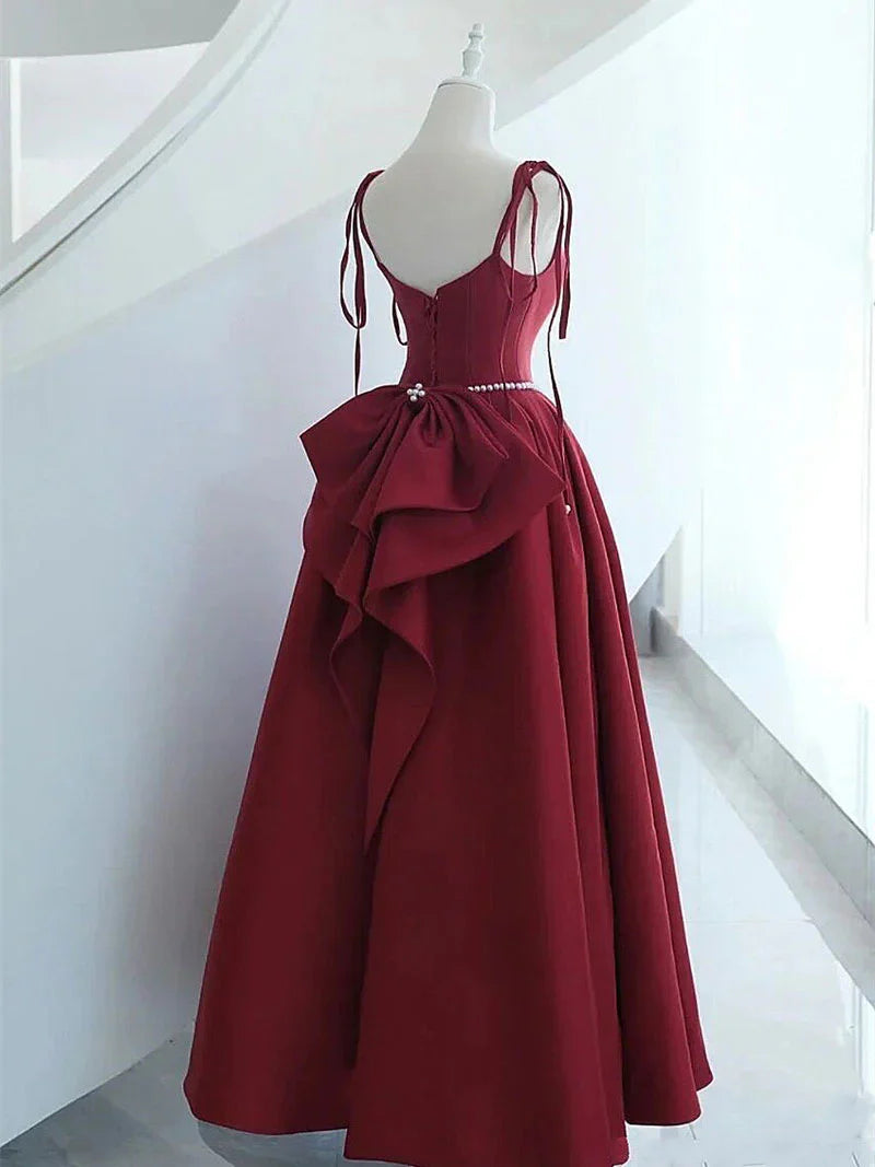 A-line Burgundy Long Prom Dress, Satin Formal Burgundy Evening Gown ED0816