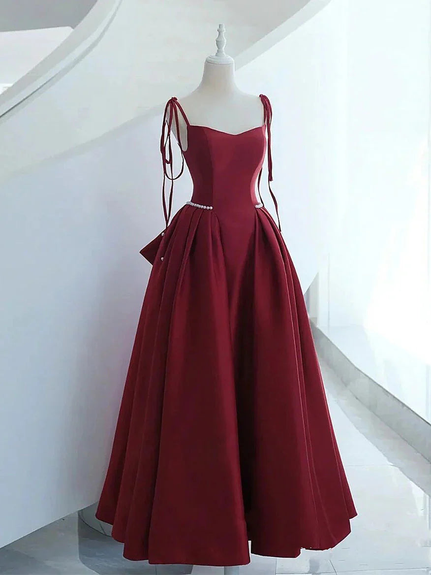 A-line Burgundy Long Prom Dress, Satin Formal Burgundy Evening Gown ED0816
