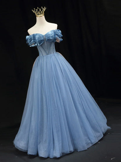 Blue off shoulder tulle long prom dress, blue tulle formal dress ED0817
