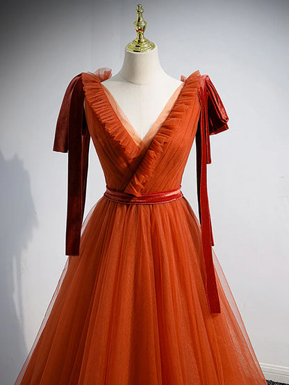 Brick Red V Neck Tulle Long Prom Dresses, Simple Formal Gown Graduation Dresses ED0819
