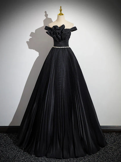 A-Line Off Shoulder  Black Long Prom Dress, Black Long Evening Dress ED082
