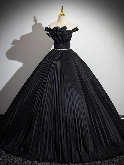 A-Line Off Shoulder  Black Long Prom Dress, Black Long Evening Dress ED082