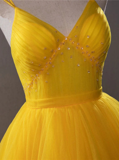 Yellow v neck tulle long prom dress high low long yellow graduation dress ED0821