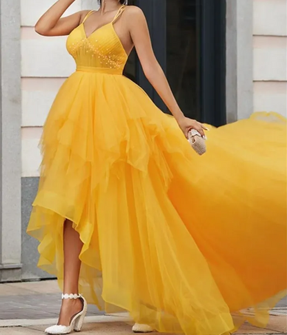 Yellow v neck tulle long prom dress high low long yellow graduation dress ED0821