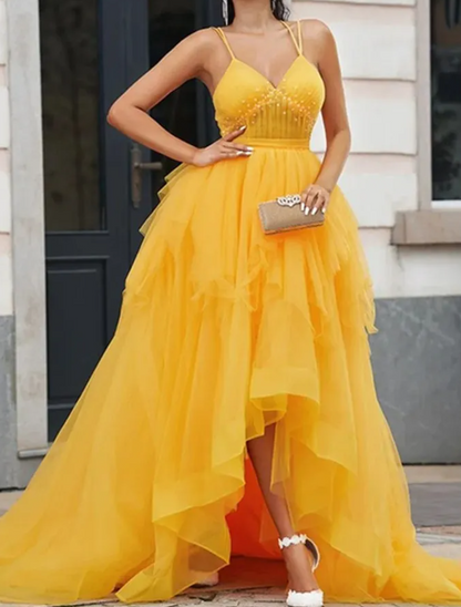 Yellow v neck tulle long prom dress high low long yellow graduation dress ED0821