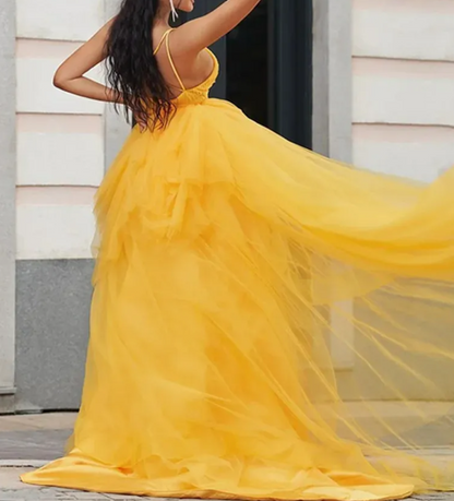 Yellow v neck tulle long prom dress high low long yellow graduation dress ED0821