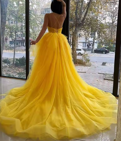 Yellow v neck tulle long prom dress high low long yellow graduation dress ED0821