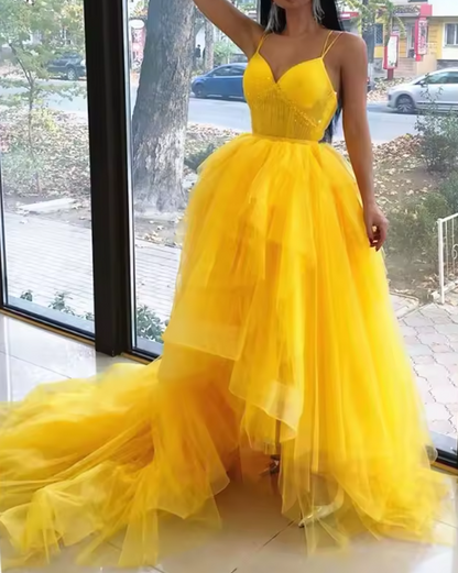 Yellow v neck tulle long prom dress high low long yellow graduation dress ED0821